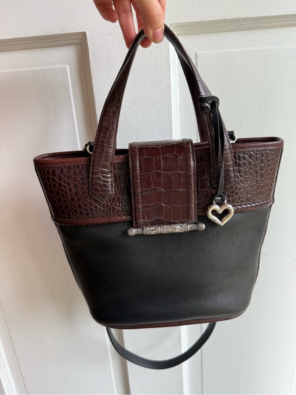 Brighton Black and Brown Croc-Trim Leather Tote with Heart Charm